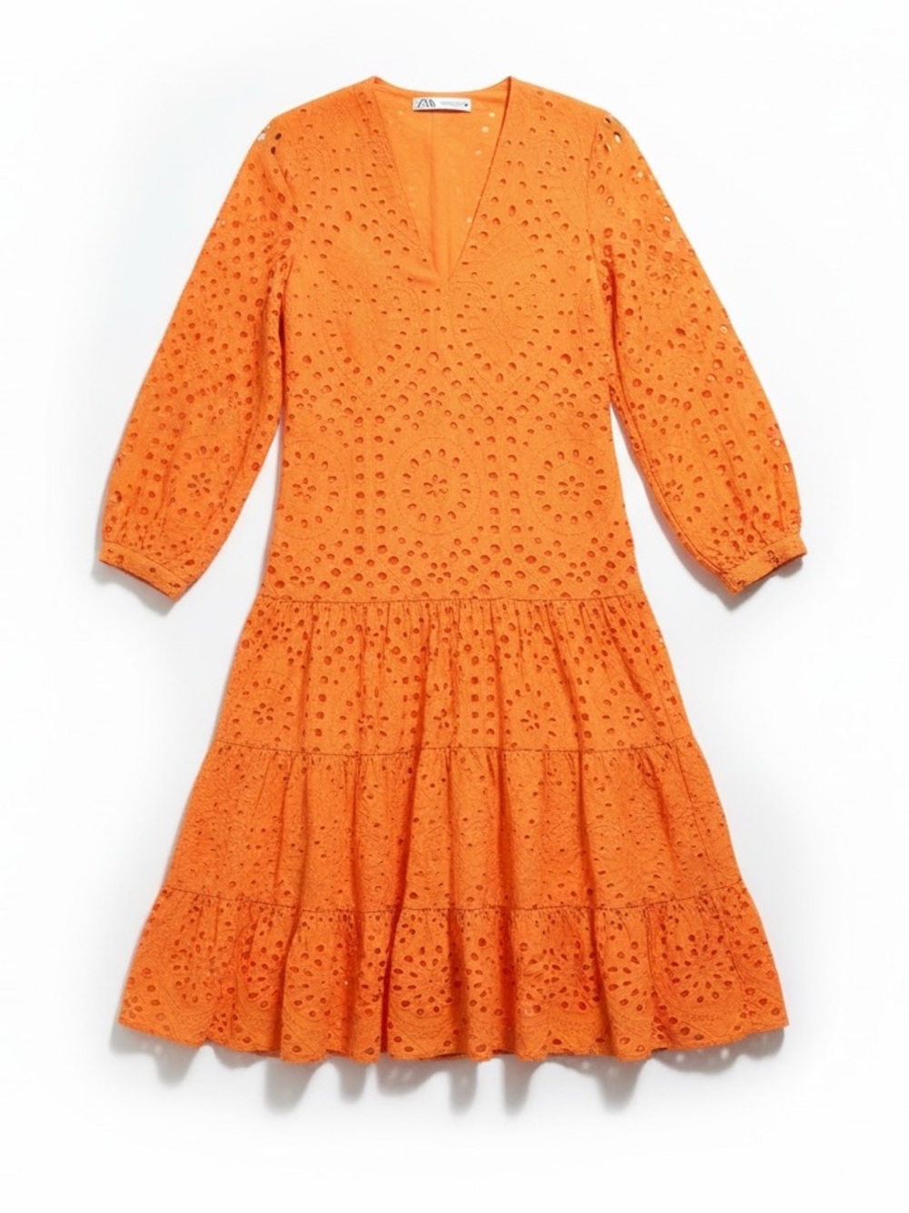 ZARA Orange Embroidered Eyelet Midi Dress Boho Cotton XS EUC